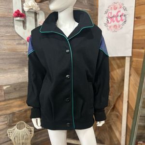 Vintage 1980s Havoc Wood Blend Coat Pleather Splicing Turquoise Piping Pockets